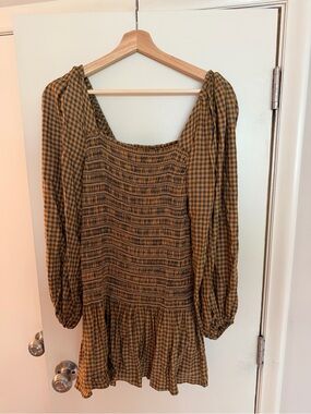 Urban Outfitters Brown Gingham Smocked Long-Sleeve Mini Dress